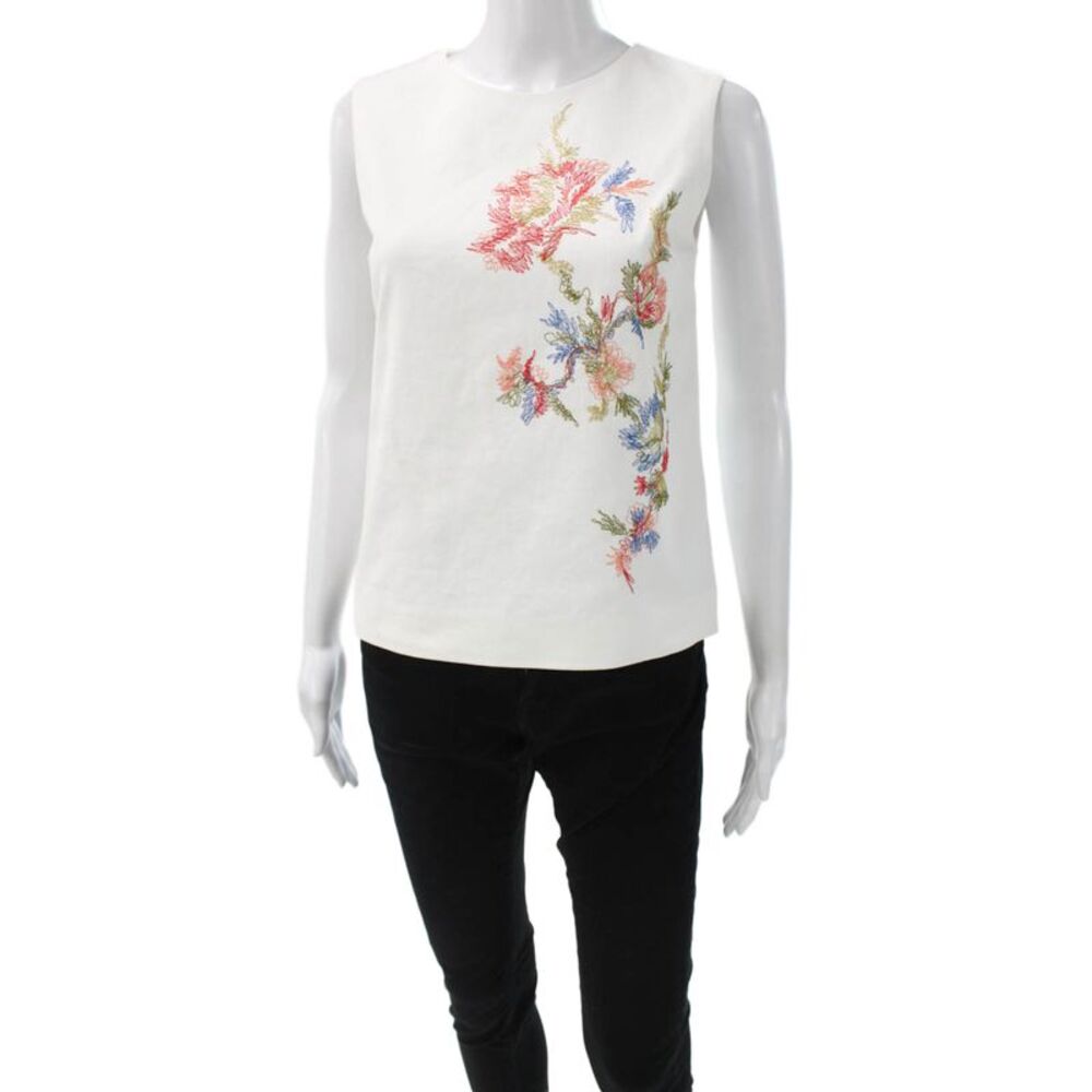 QL2 Women Basic Floral Sleeveless Round Neck Zip Blouse White Size 38